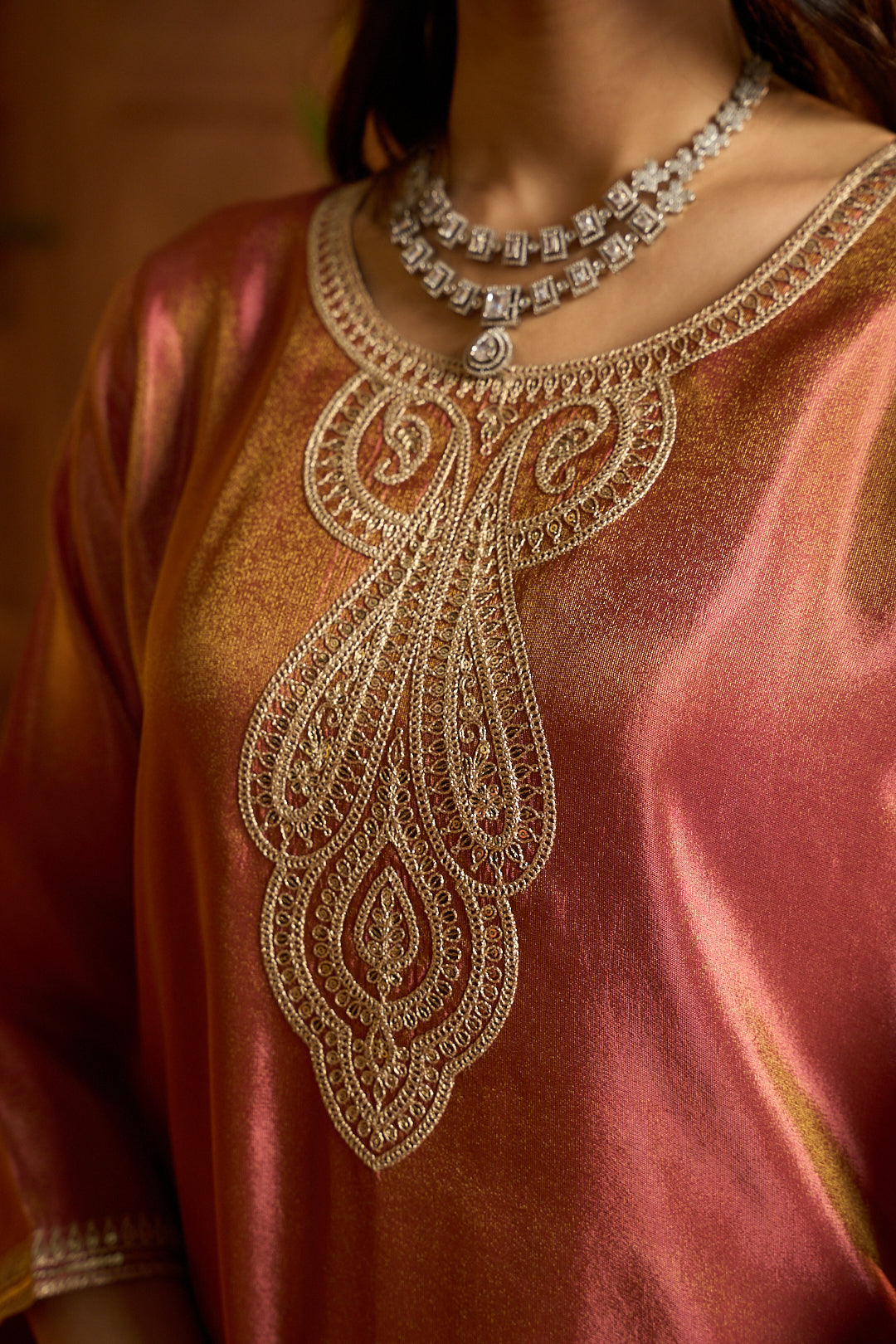 Floral Embroidered Straight Tissue Kurta & Trousers Sets