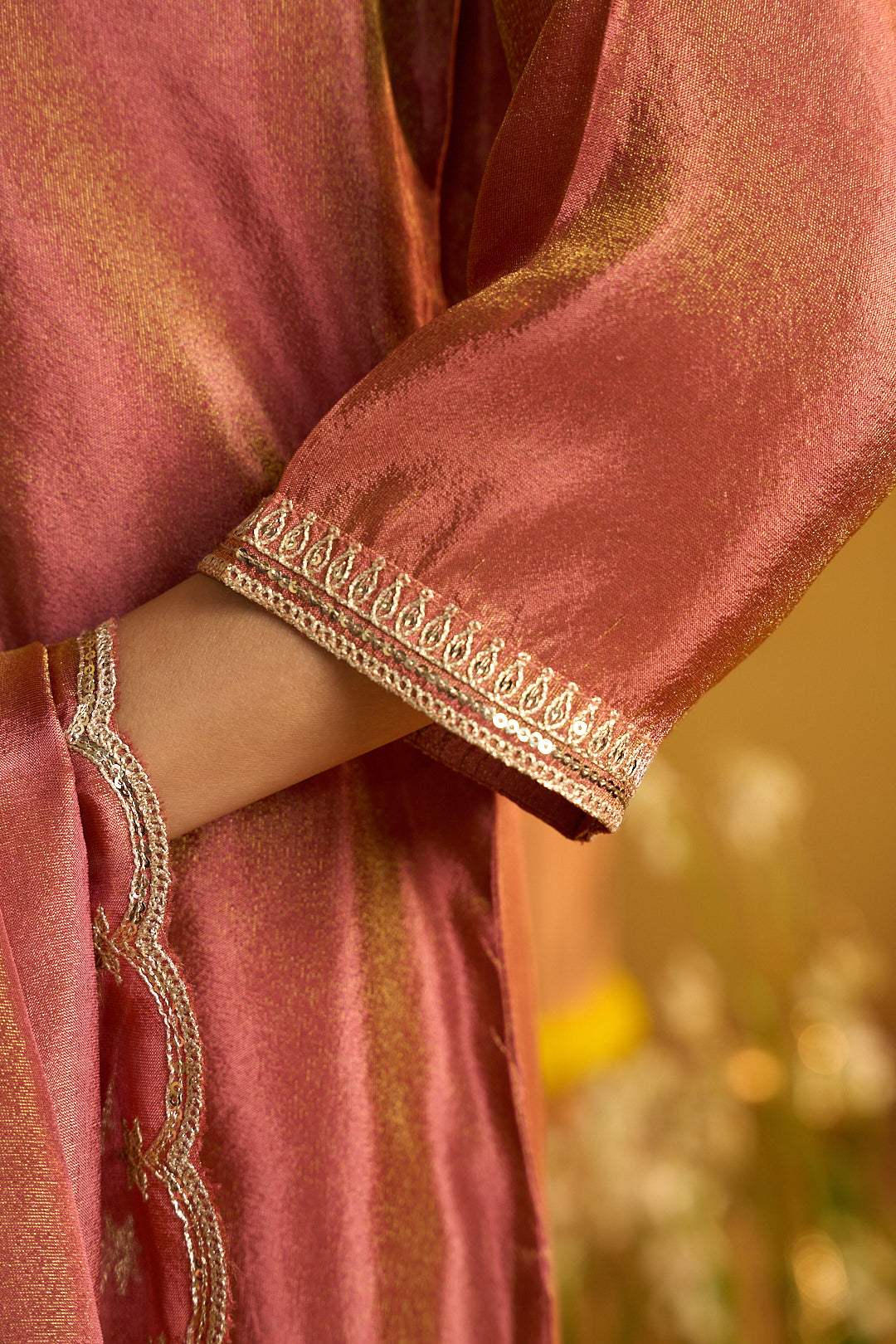 Floral Embroidered Straight Tissue Kurta & Trousers Sets