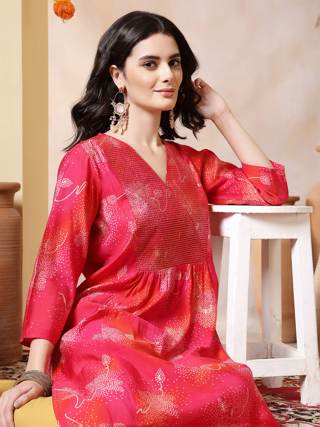 Bandhani Embroidered Straight Cotton Blend Kurta