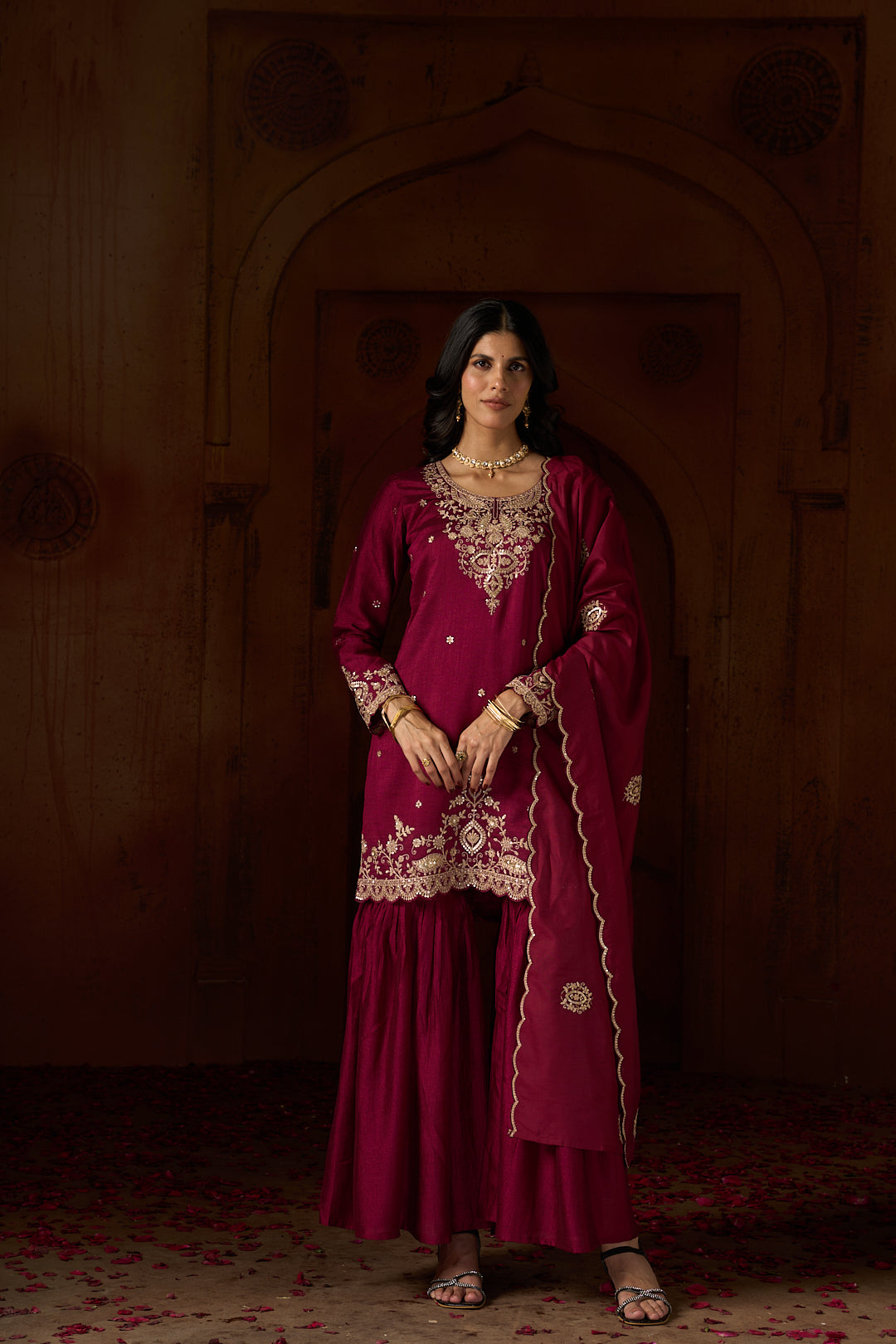Floral Embroidered A-Line Silk Blend Kurta & Sharara Sets
