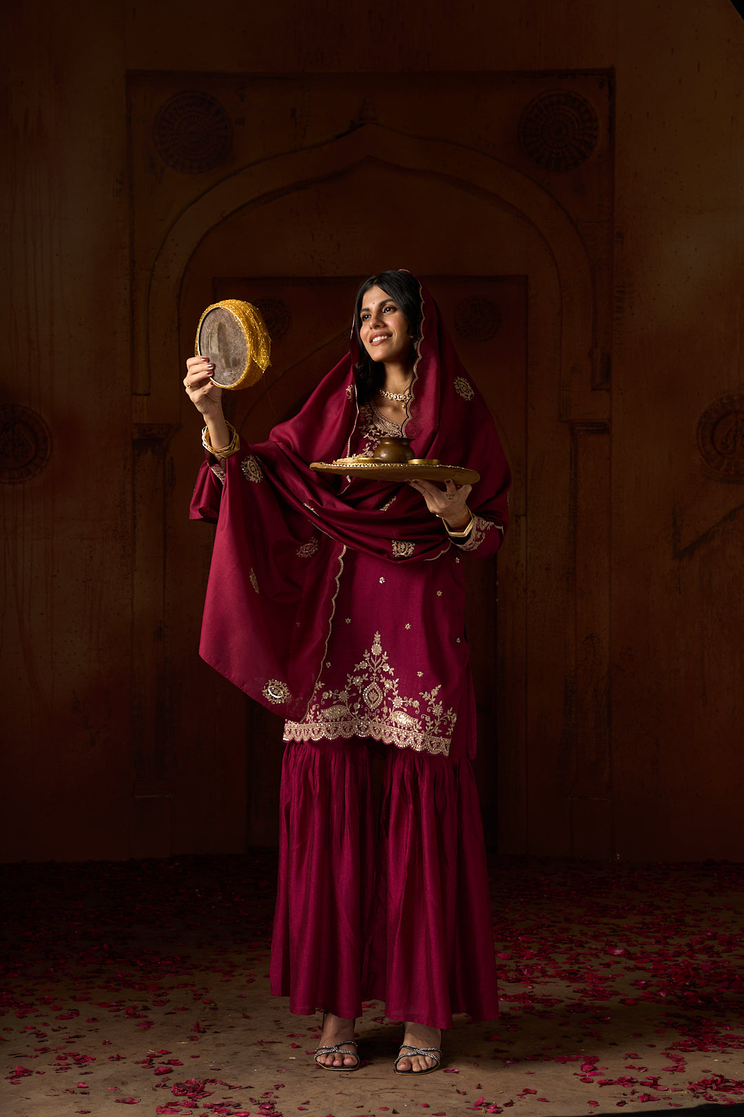 Floral Embroidered A-Line Silk Blend Kurta & Sharara Sets