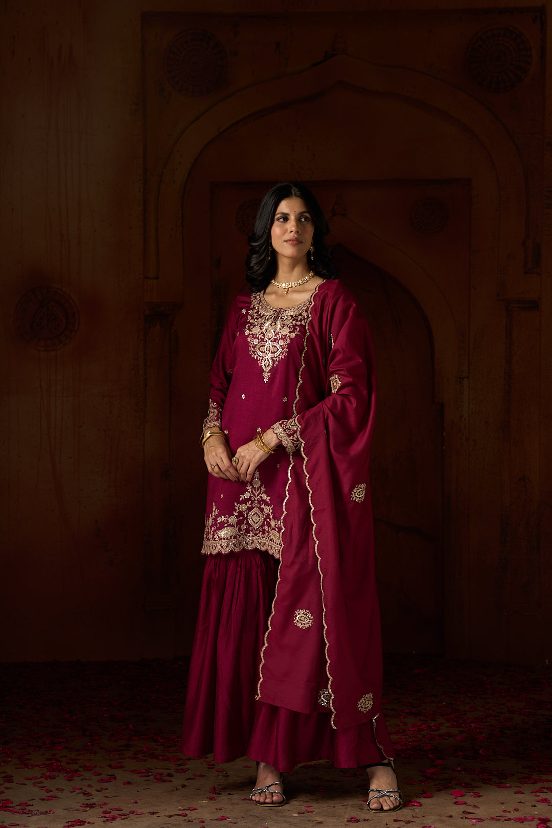 Floral Embroidered A-Line Silk Blend Kurta & Sharara Sets