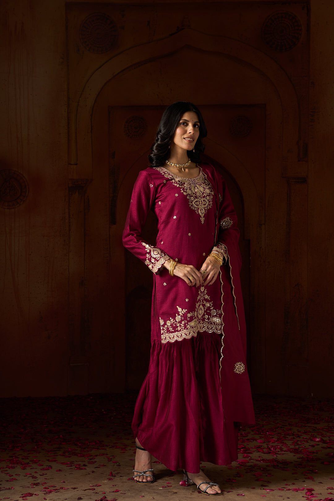 Floral Embroidered A-Line Silk Blend Kurta & Sharara Sets