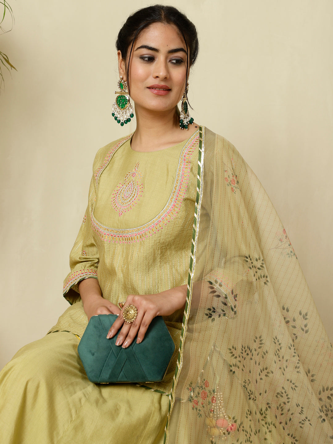Green Chanderi Kantha Embroidered Short Kurta With Skirt And Dupatta