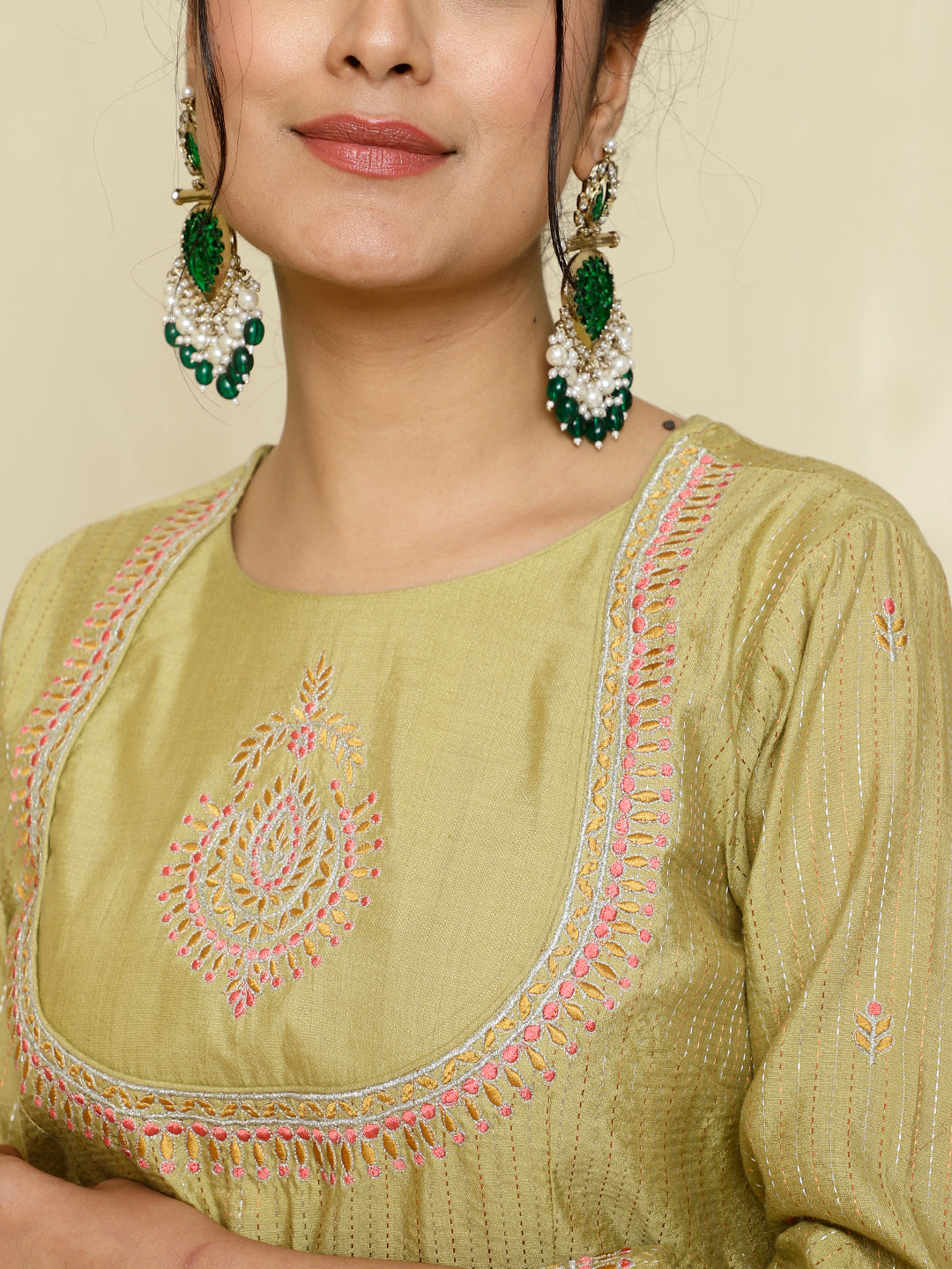 Green Chanderi Kantha Embroidered Short Kurta With Skirt And Dupatta