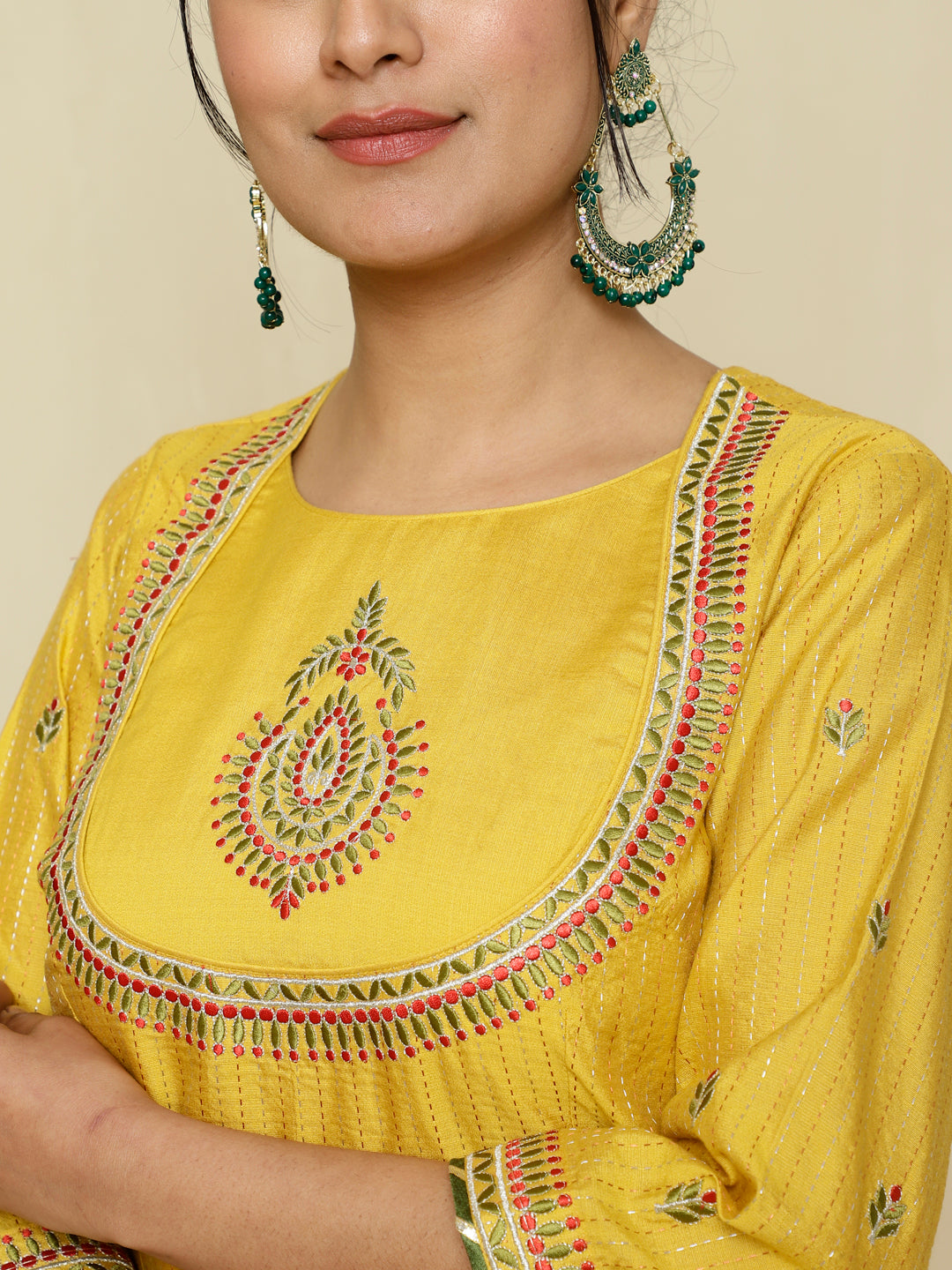 Mustard Chanderi Kantha Embroidered Short Kurta With Skirt And Dupatta