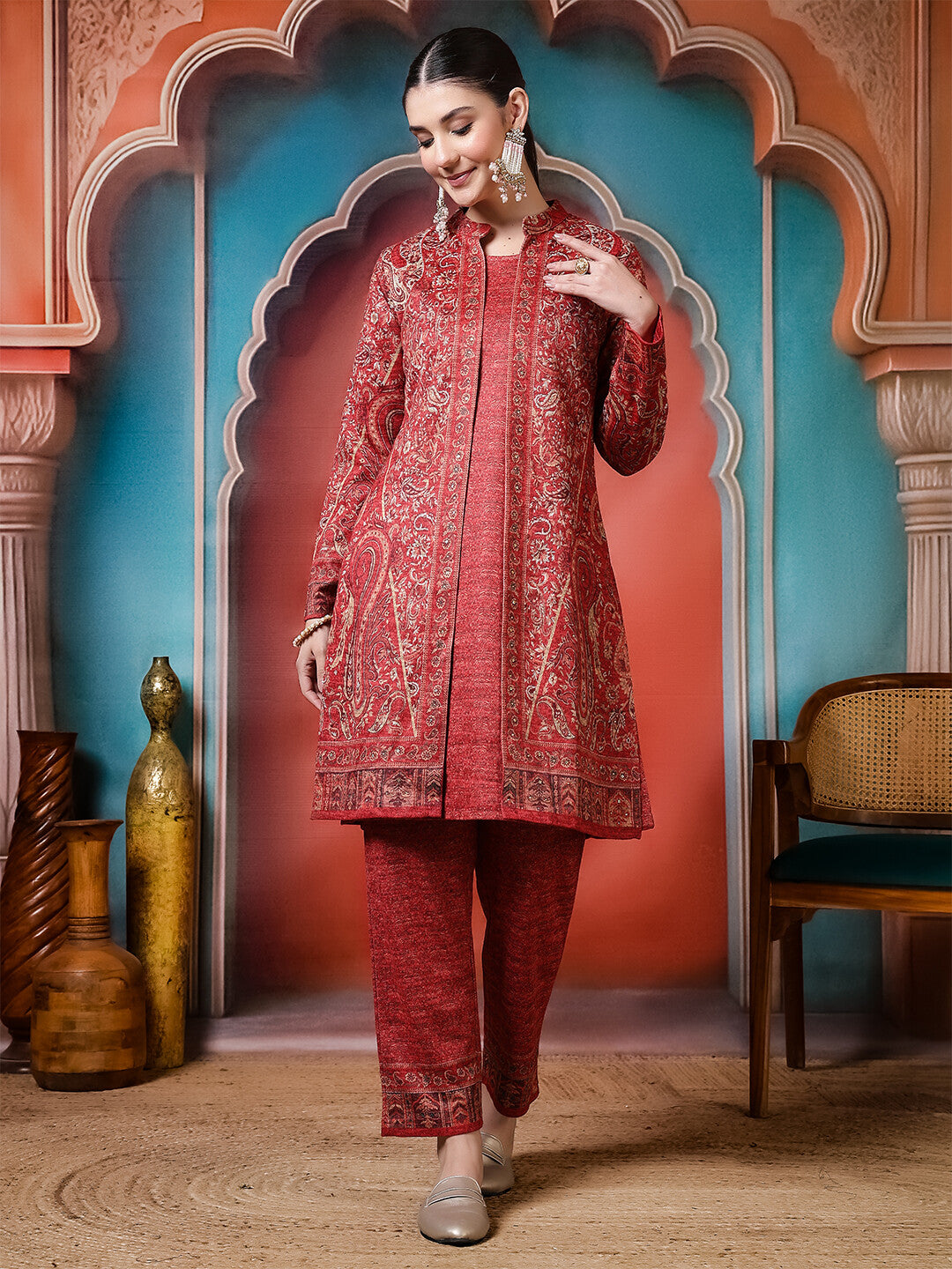 Floral Printed A-Line Winter Wear Kurta & Trousers Sets