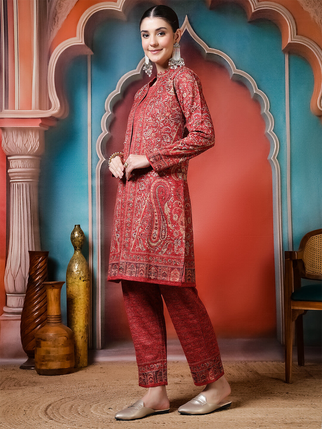 Floral Printed A-Line Winter Wear Kurta & Trousers Sets