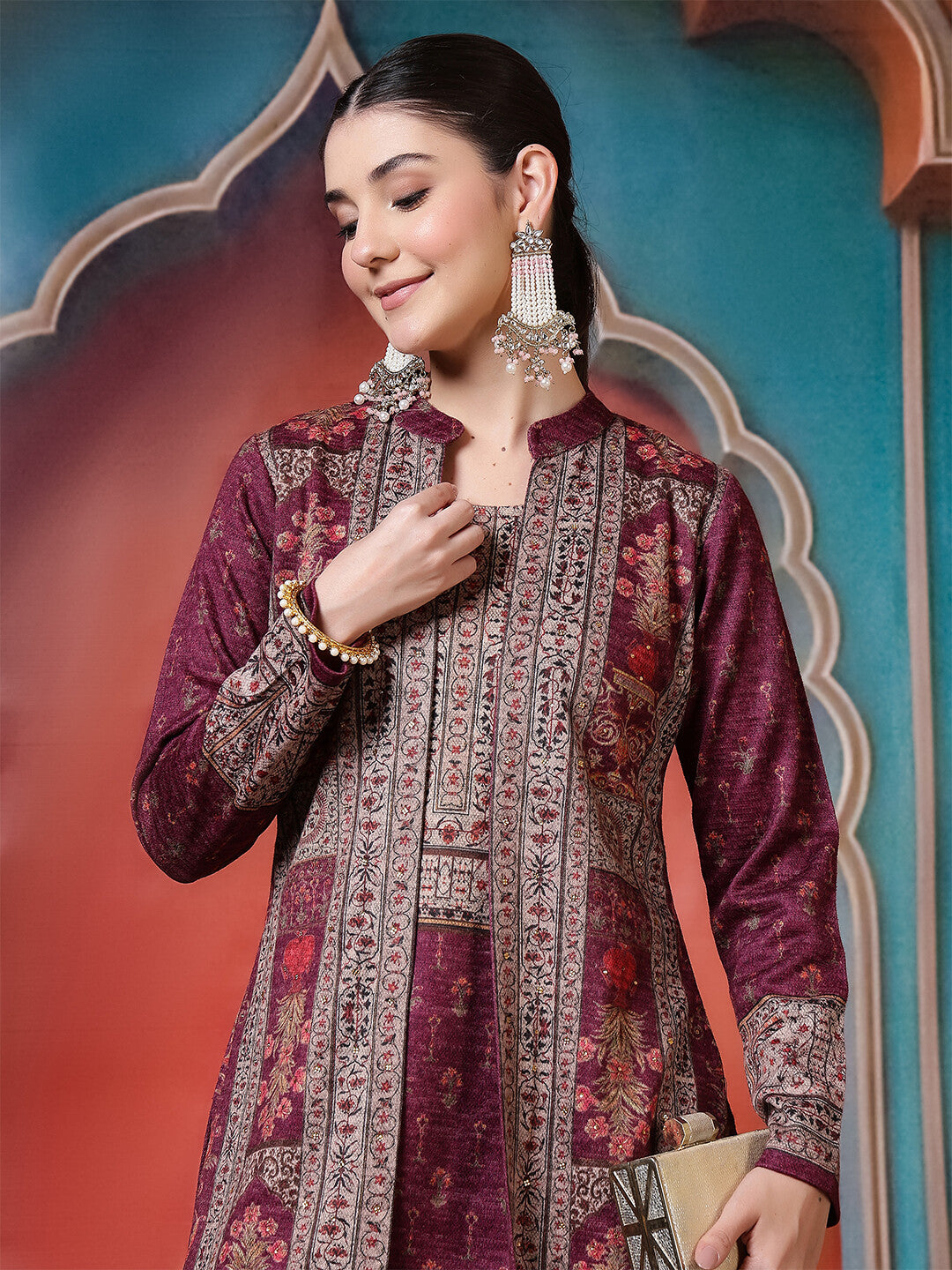 Floral Embroidered A-Line Winter Wear Kurta & Trousers Sets