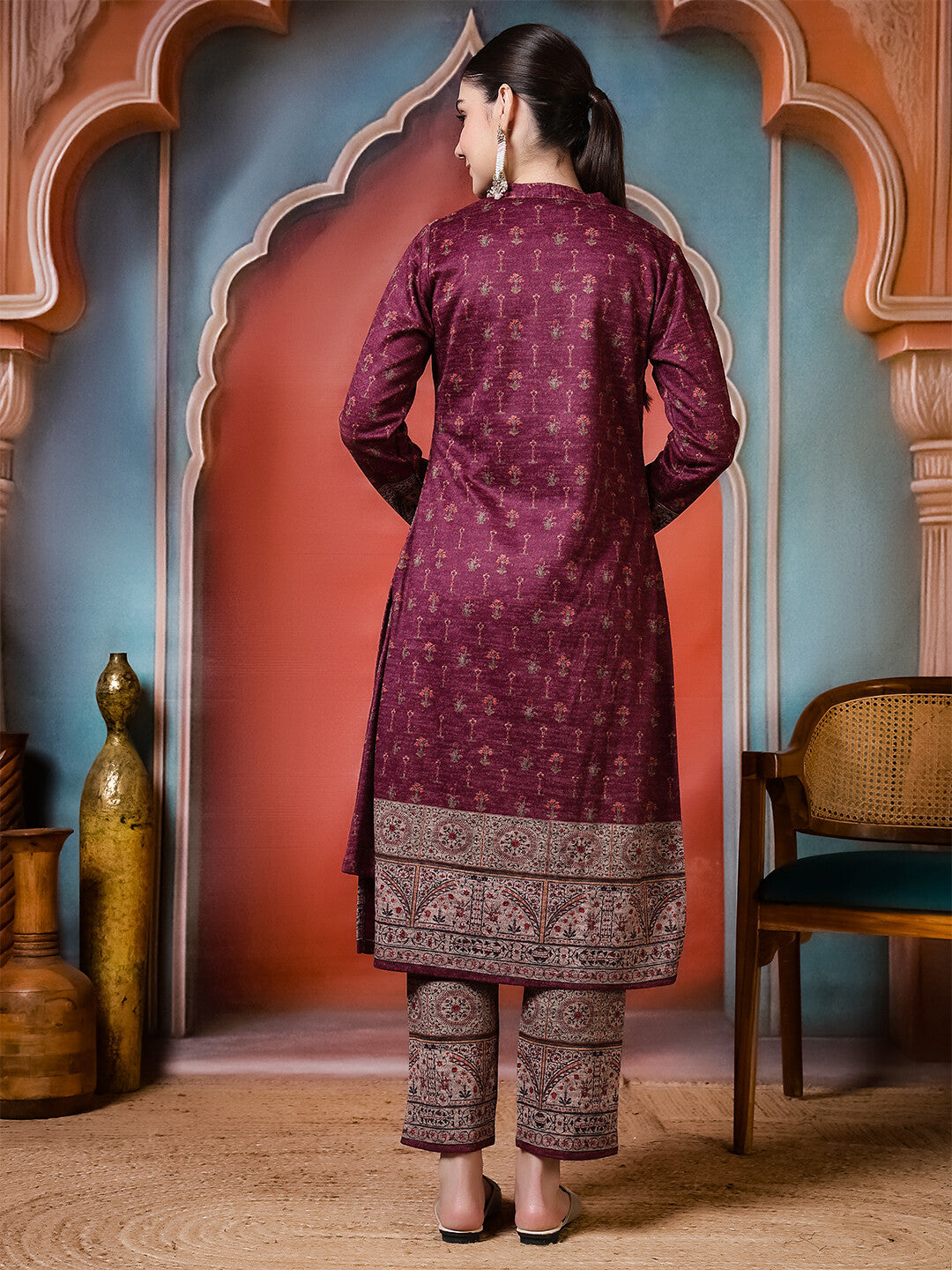 Floral Embroidered A-Line Winter Wear Kurta & Trousers Sets