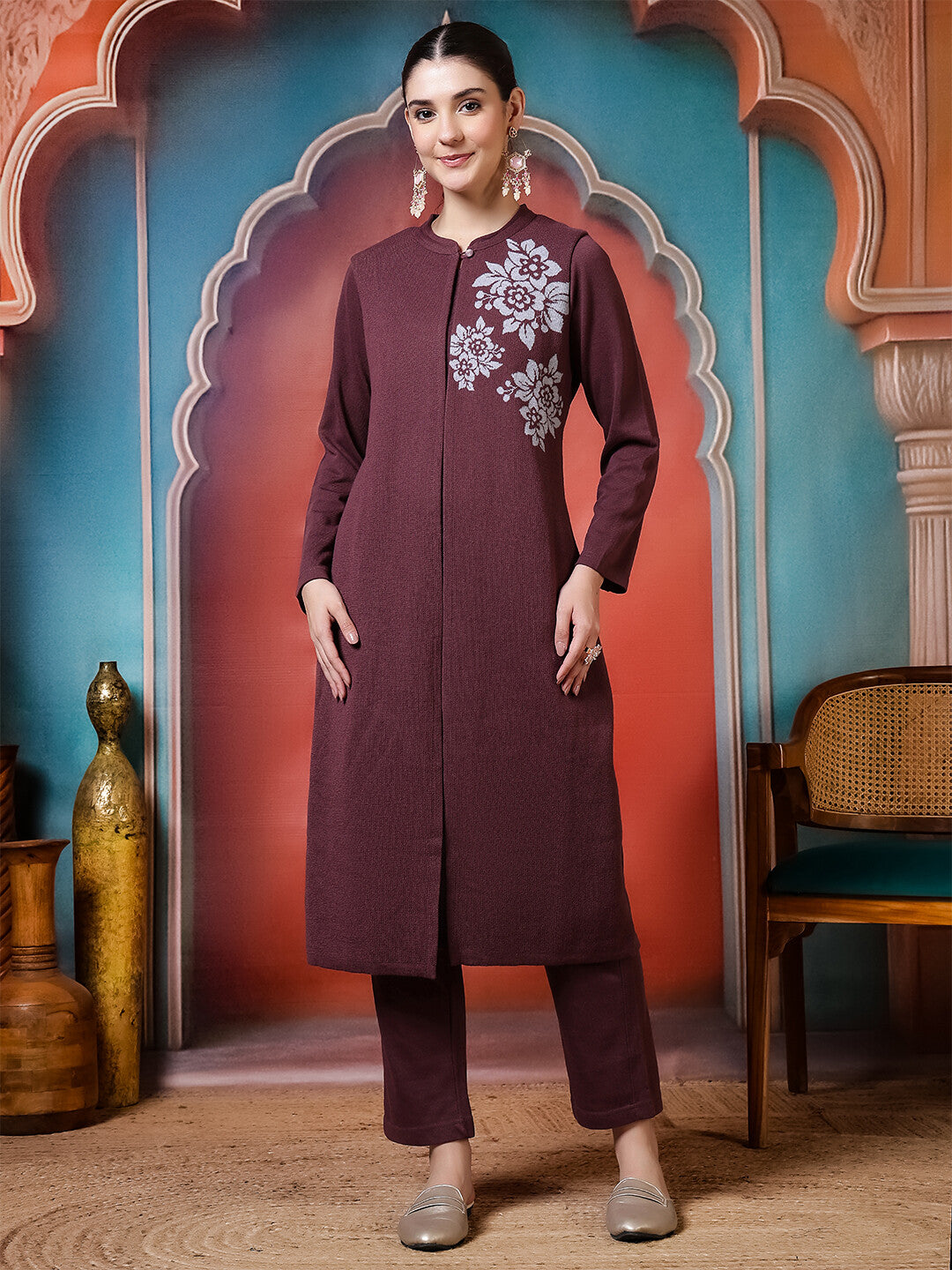 Floral Woven Design A-Line Winter Wear Kurta & Trousers Sets