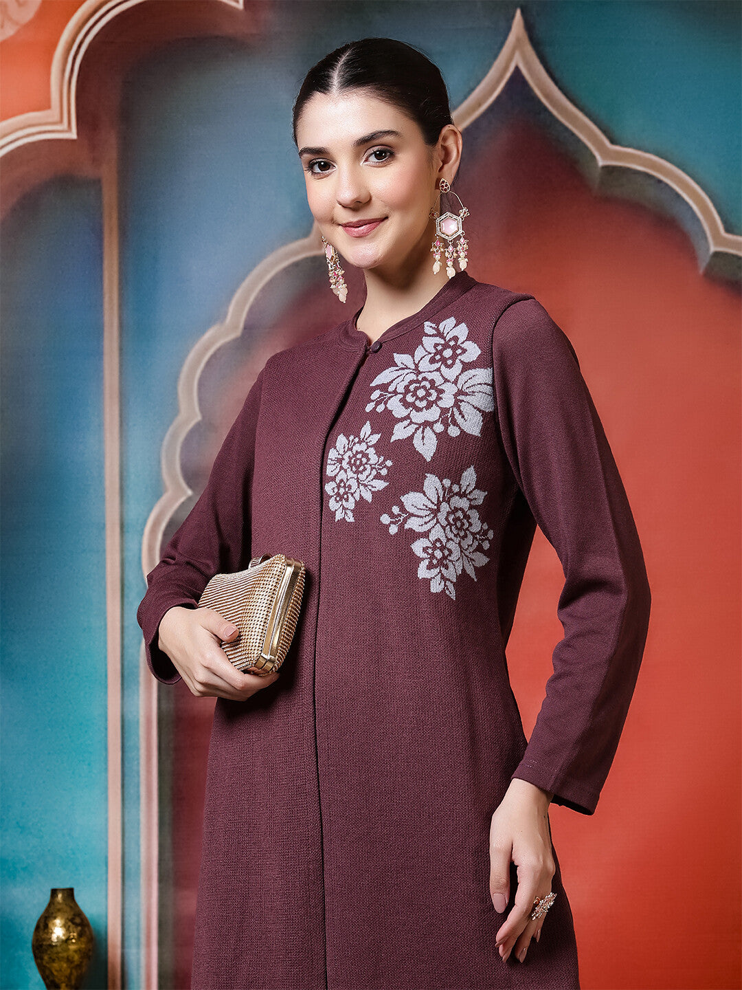 Floral Woven Design A-Line Winter Wear Kurta & Trousers Sets