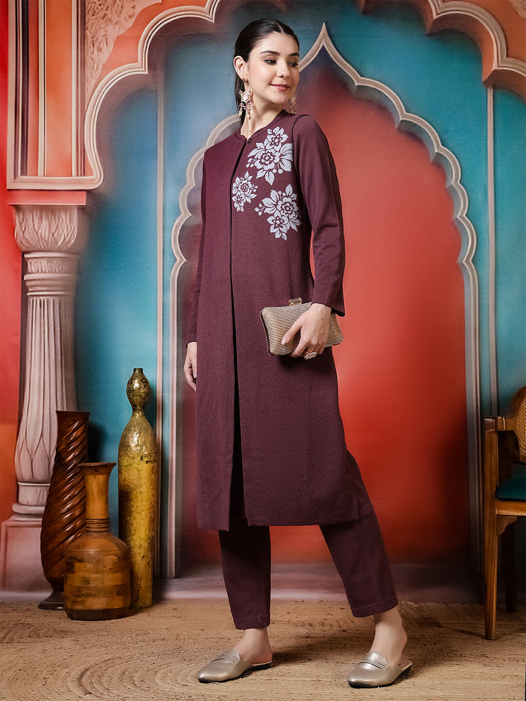 Floral Woven Design A-Line Winter Wear Kurta & Trousers Sets