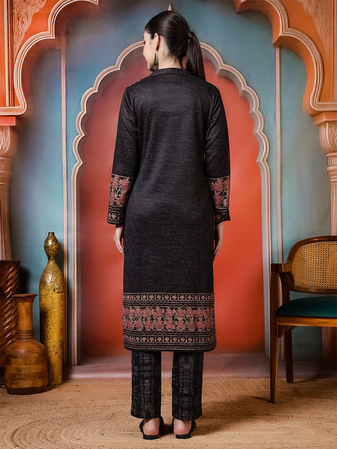 Floral Woven Design A-Line Winter Wear Kurta & Trousers Sets