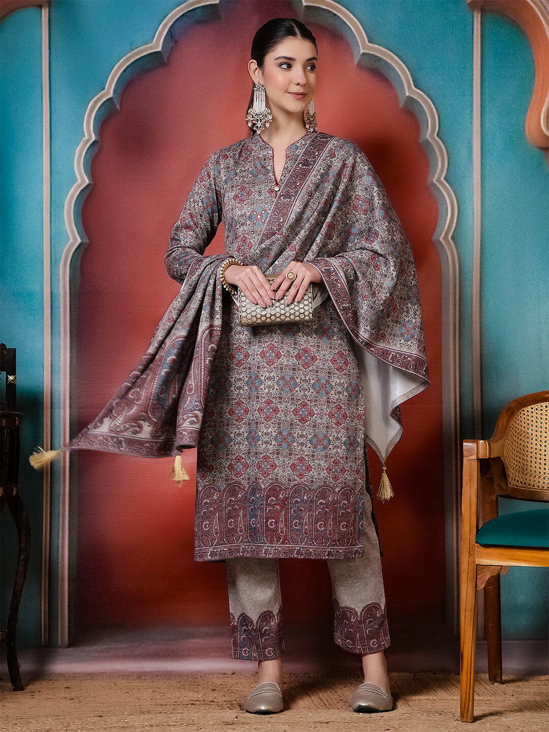 Floral Embroidered Straight Winter Wear Kurta & Trousers Sets