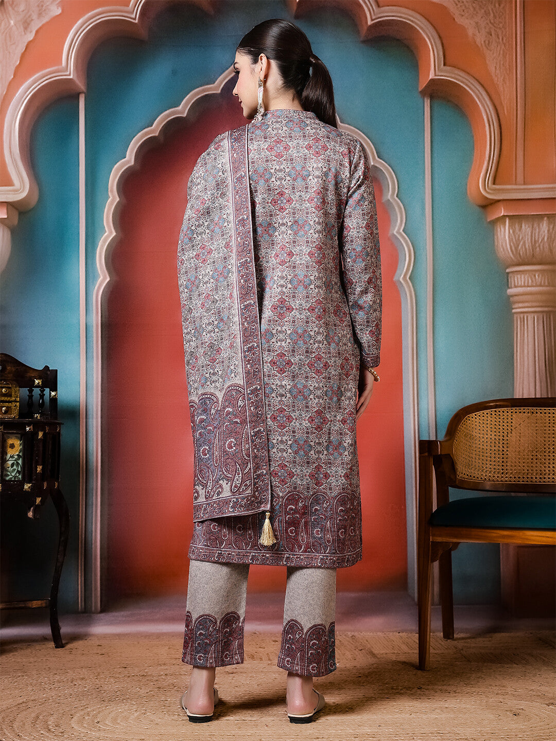 Floral Embroidered Straight Winter Wear Kurta & Trousers Sets