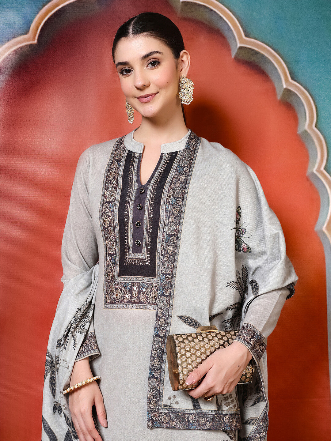 Floral Embroidered Straight Winter Wear Kurta & Trousers Sets