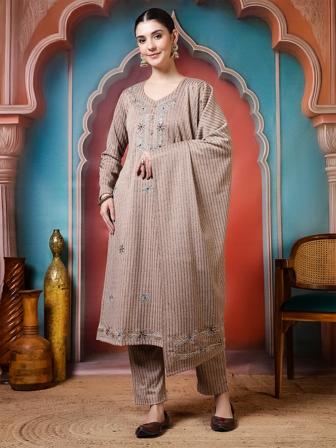 Floral Embroidered Straight Winter Wear Kurta & Trousers Sets