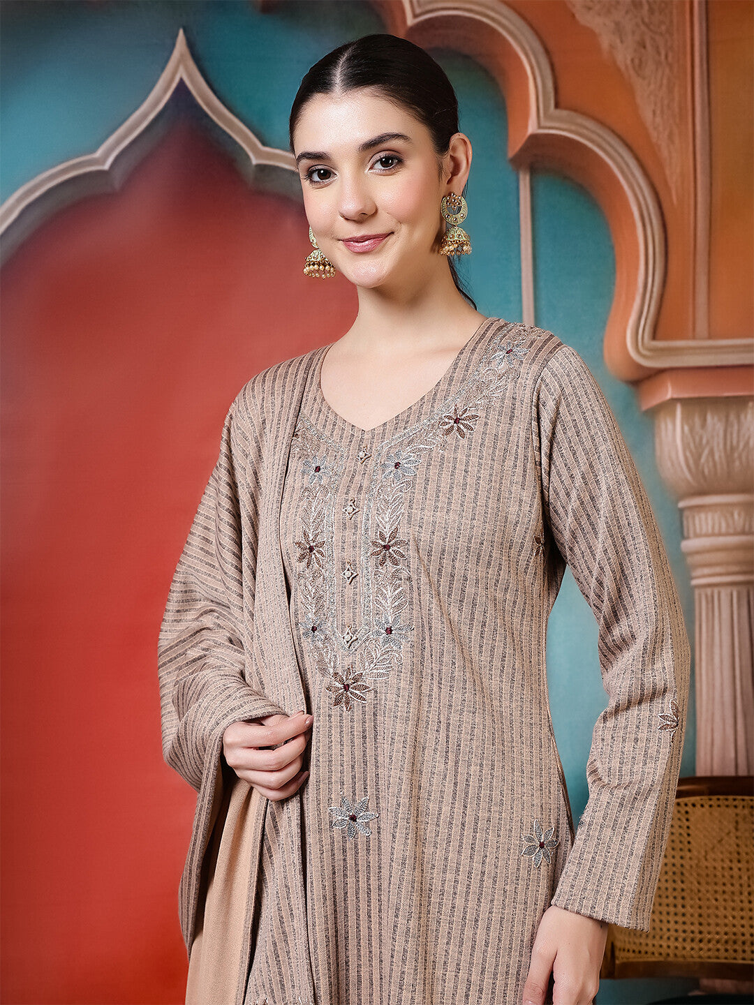 Floral Embroidered Straight Winter Wear Kurta & Trousers Sets
