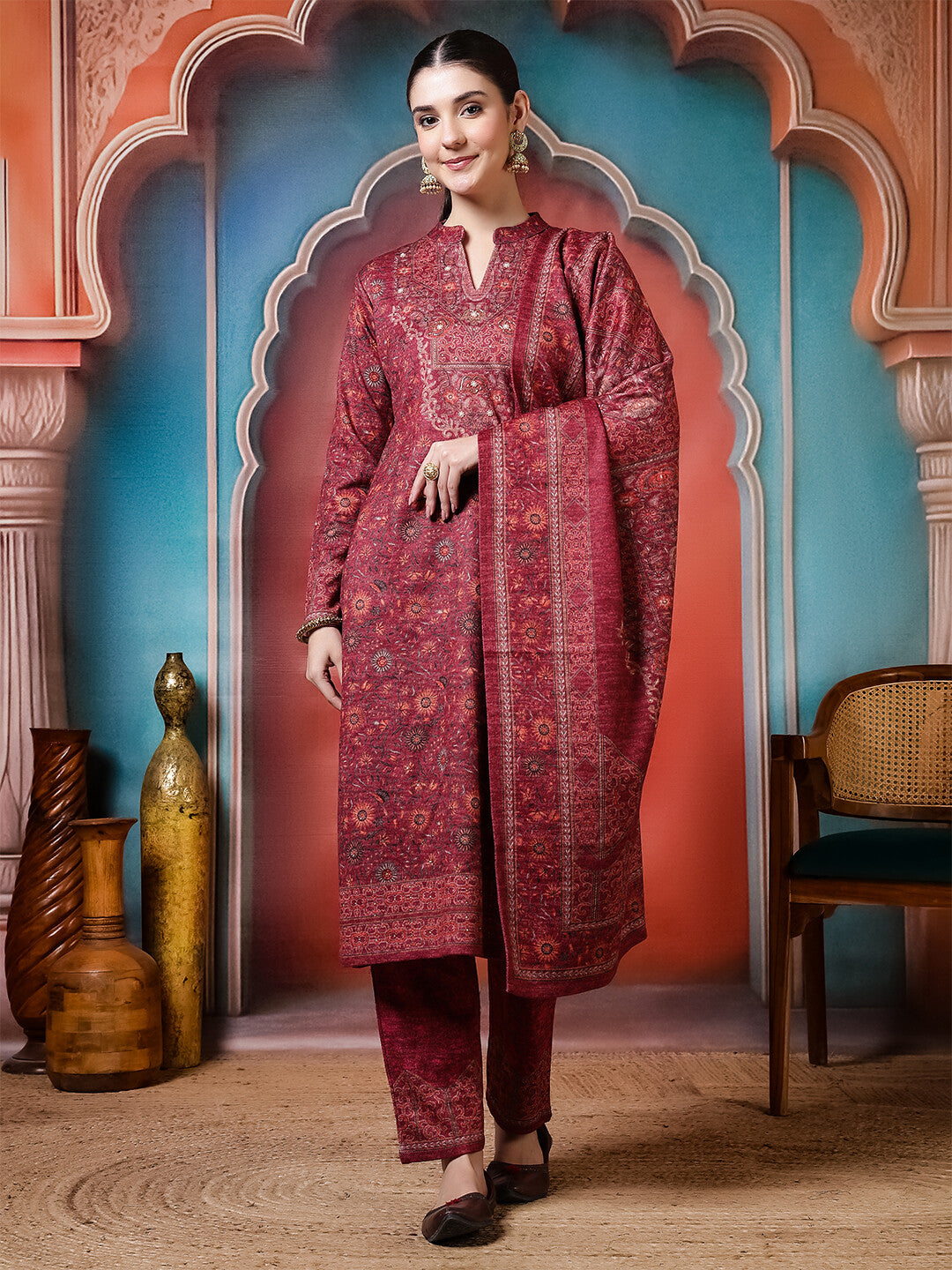 Floral Embroidered Straight Winter Wear Kurta & Trousers Sets