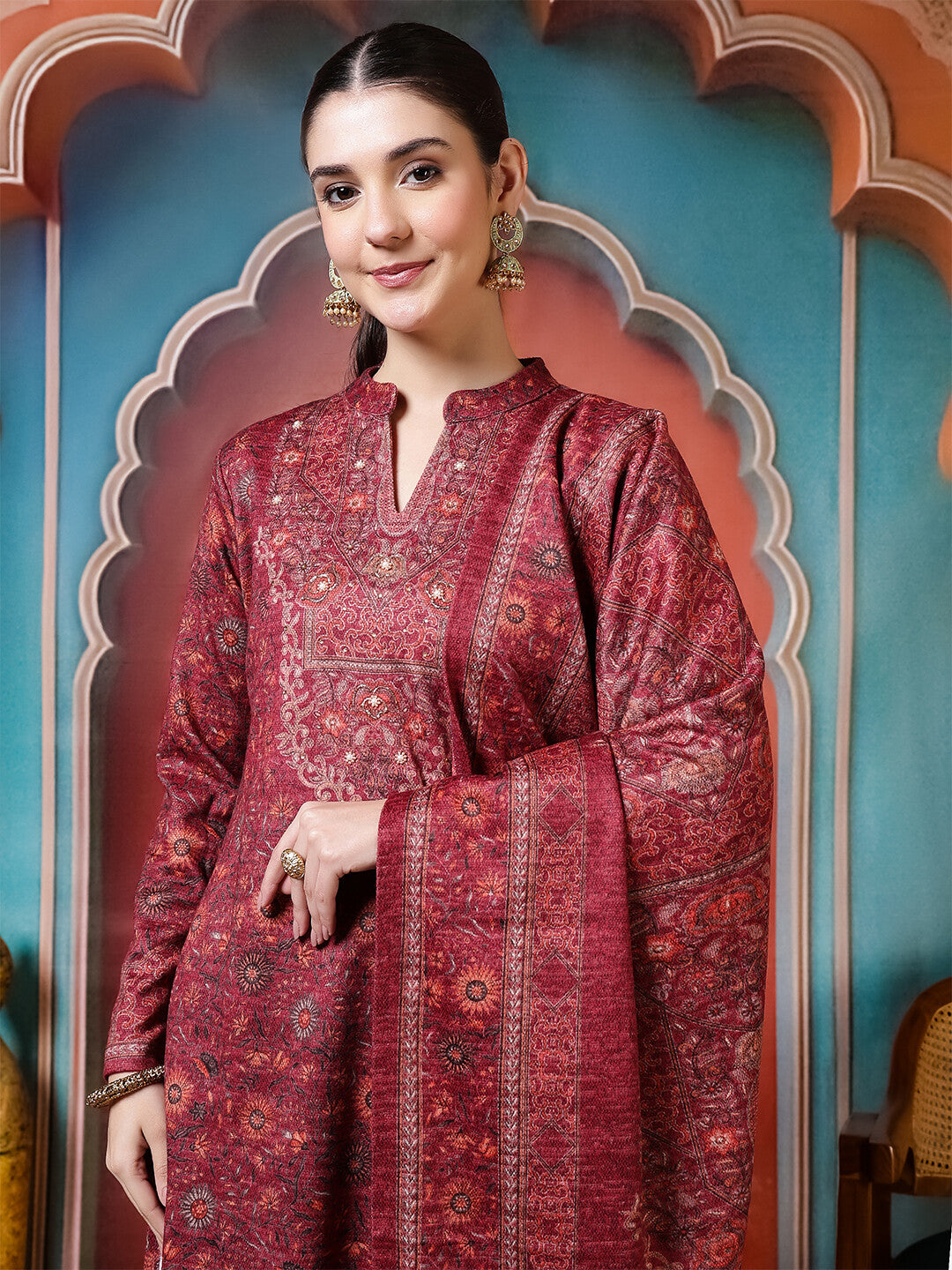 Floral Embroidered Straight Winter Wear Kurta & Trousers Sets
