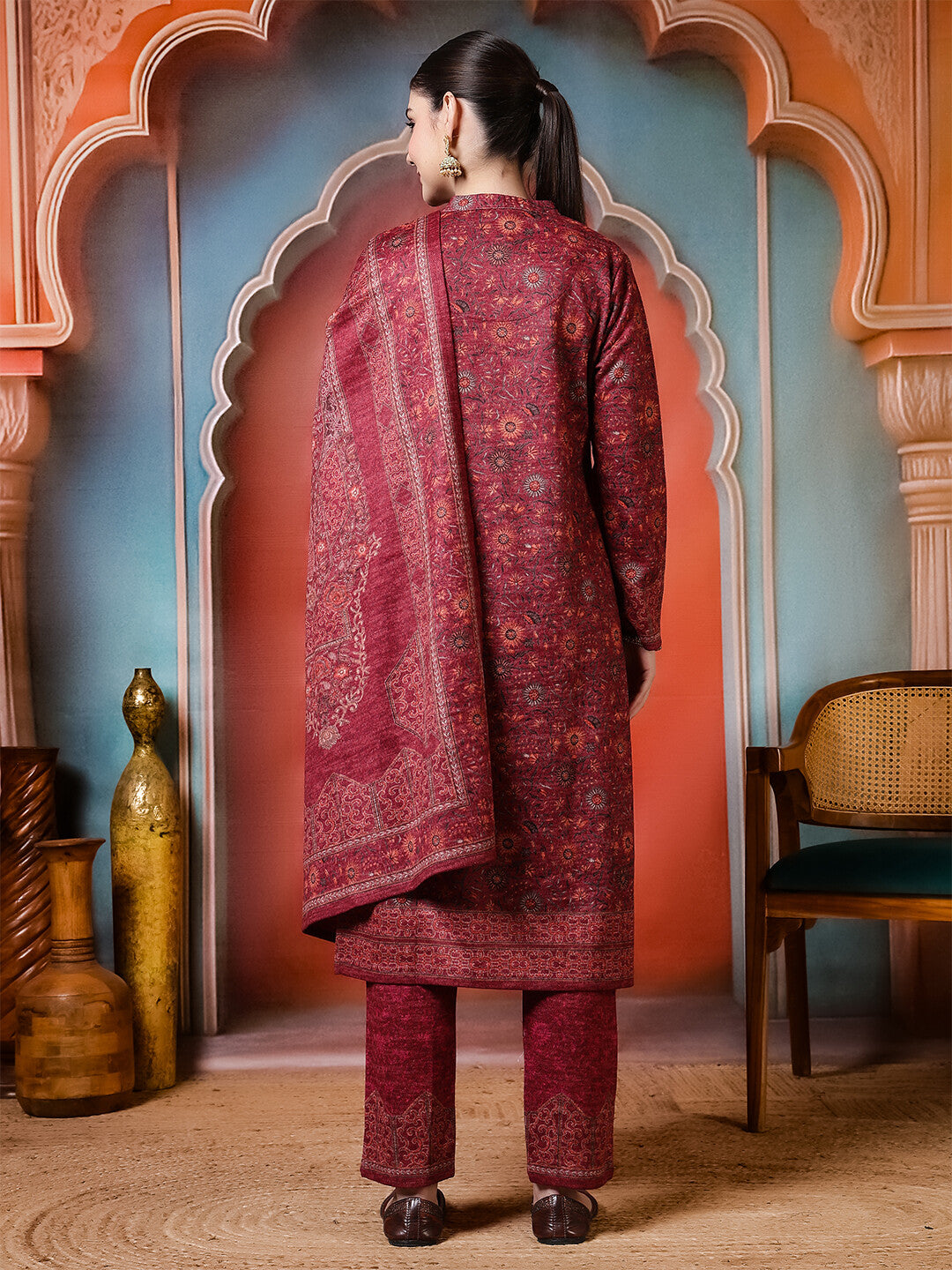 Floral Embroidered Straight Winter Wear Kurta & Trousers Sets