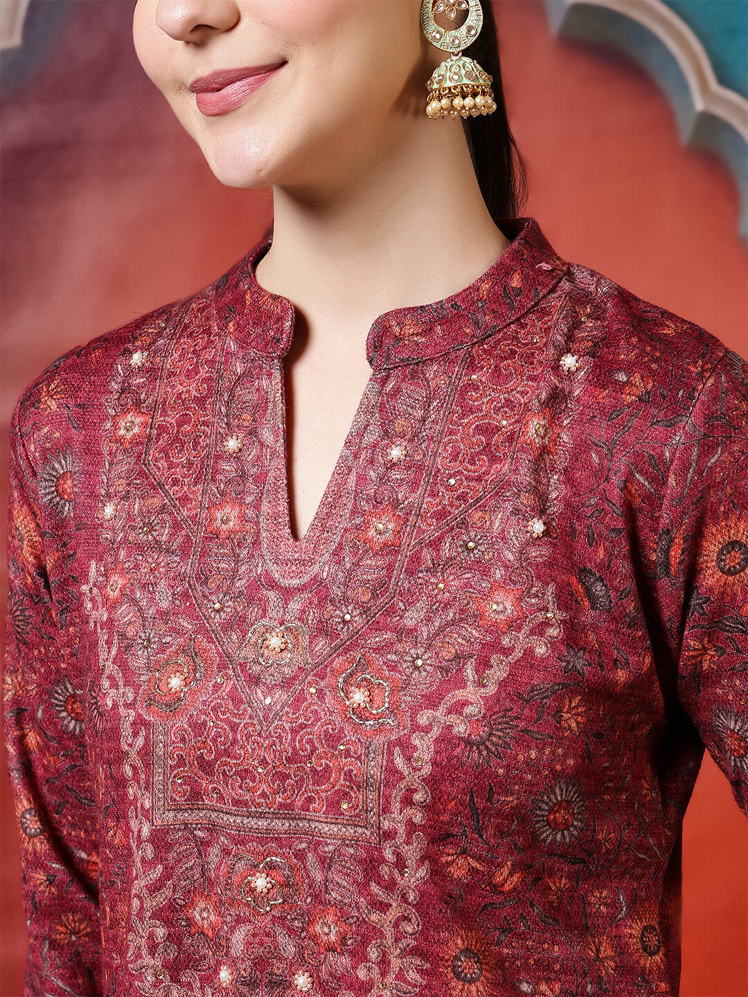 Floral Embroidered Straight Winter Wear Kurta & Trousers Sets