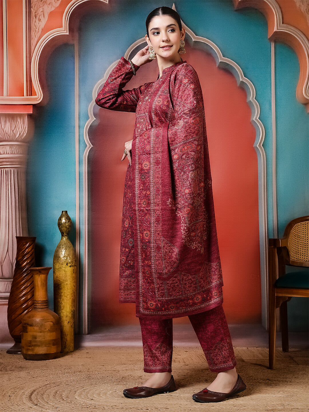 Floral Embroidered Straight Winter Wear Kurta & Trousers Sets