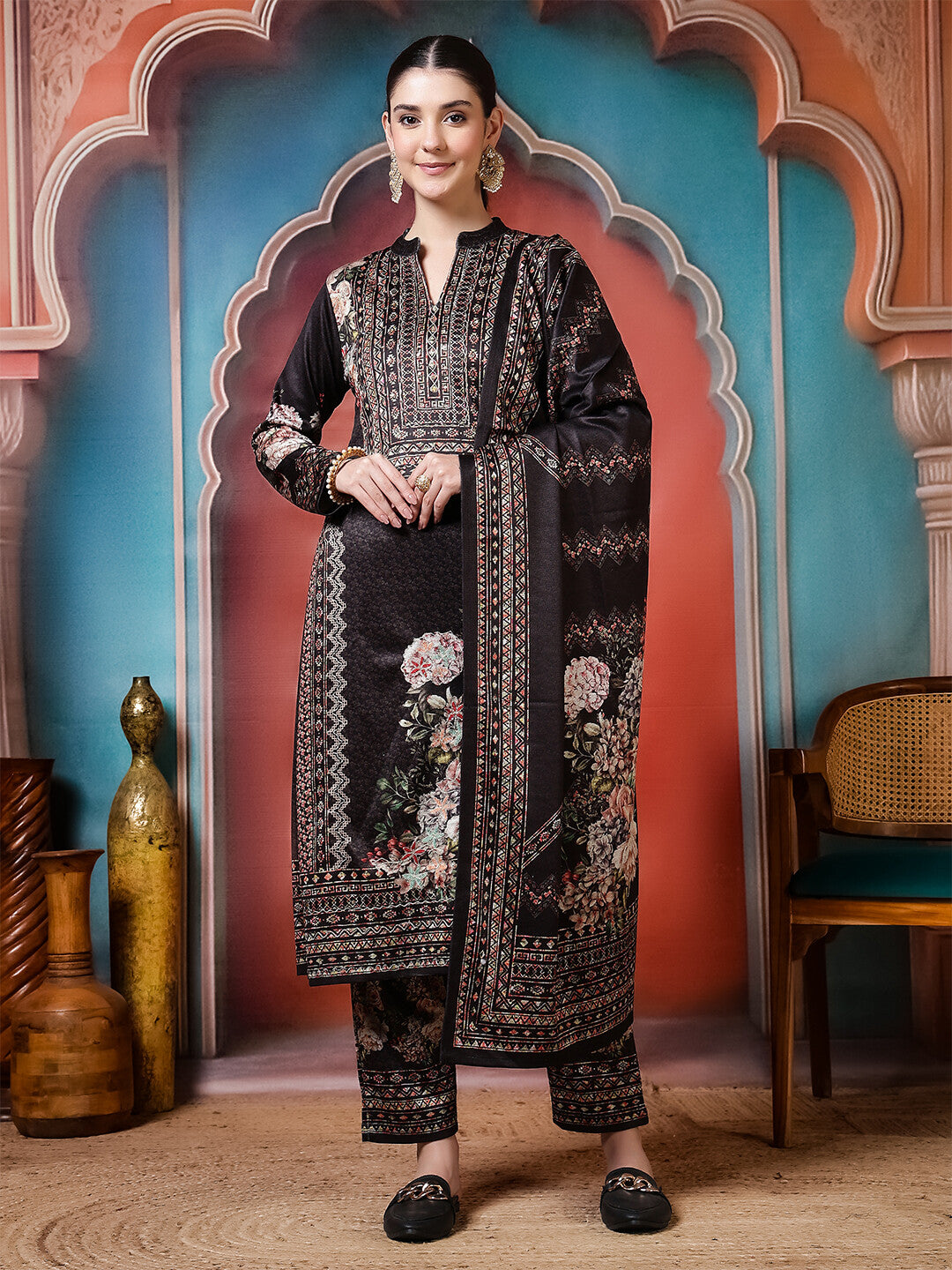 Floral Embroidered Straight Winter Wear Kurta & Trousers Sets