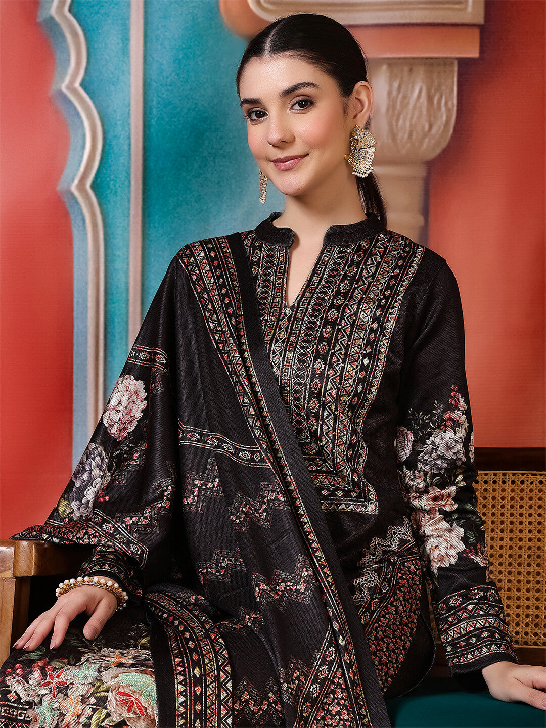 Floral Embroidered Straight Winter Wear Kurta & Trousers Sets