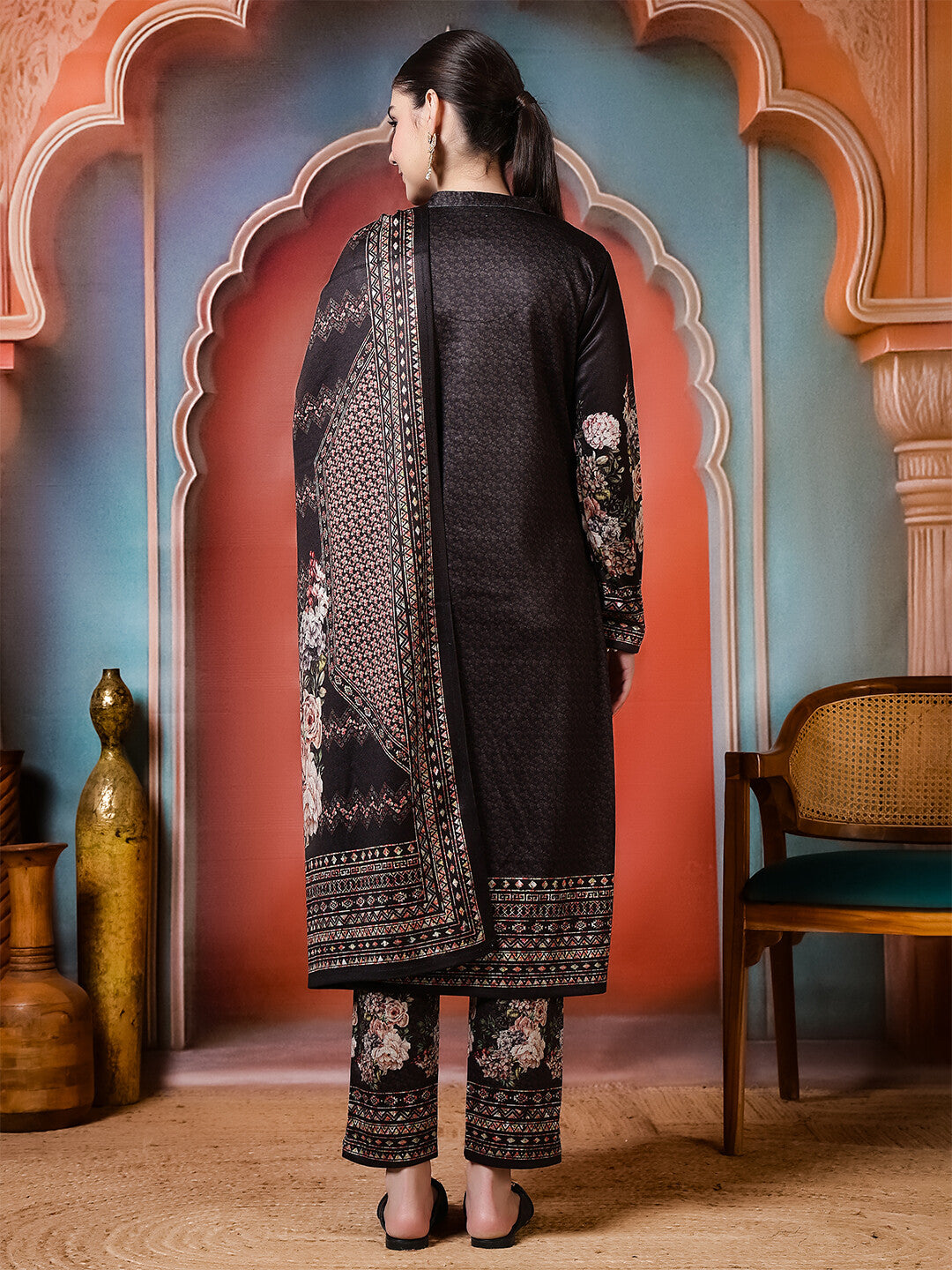 Floral Embroidered Straight Winter Wear Kurta & Trousers Sets