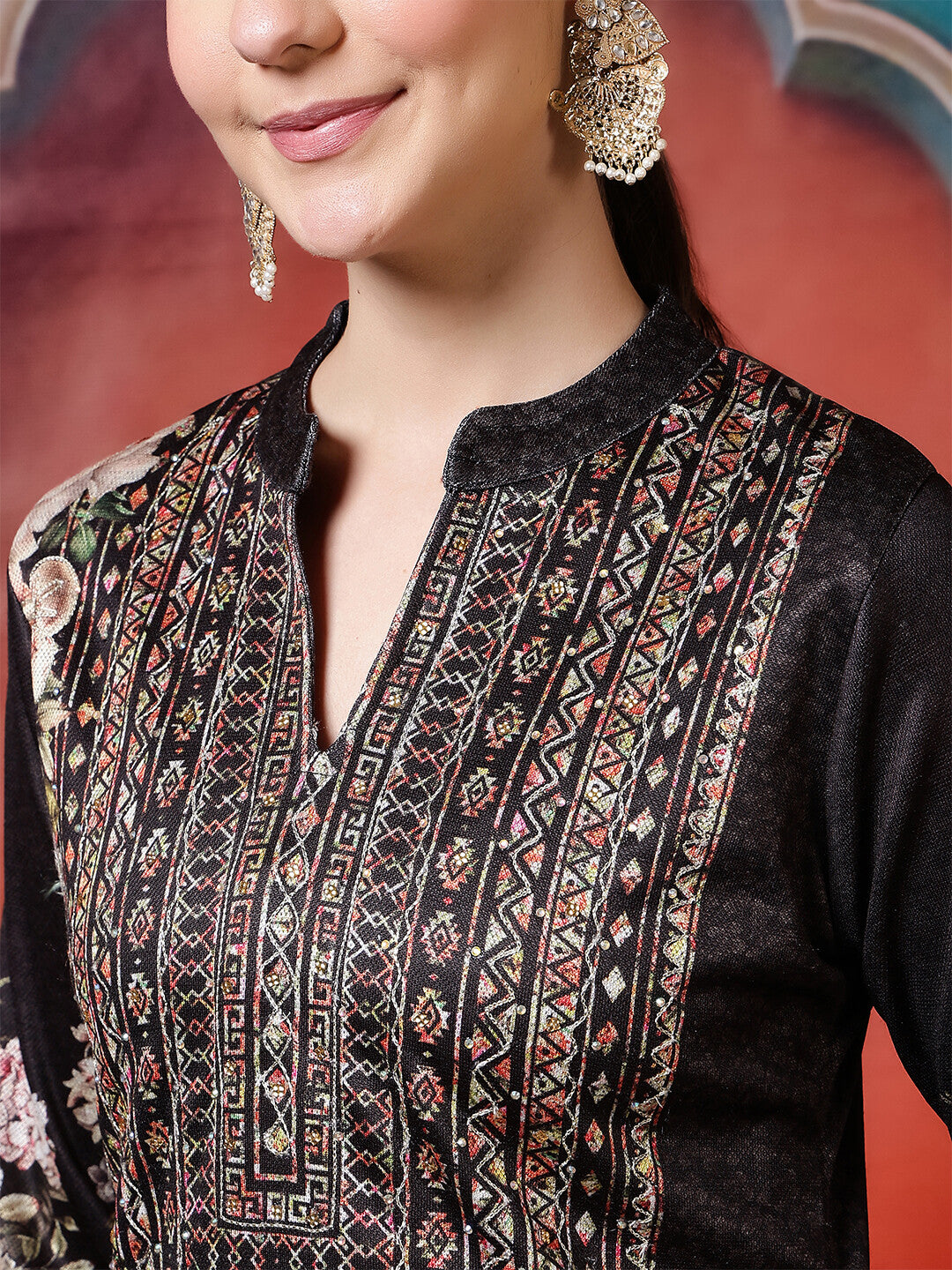 Floral Embroidered Straight Winter Wear Kurta & Trousers Sets