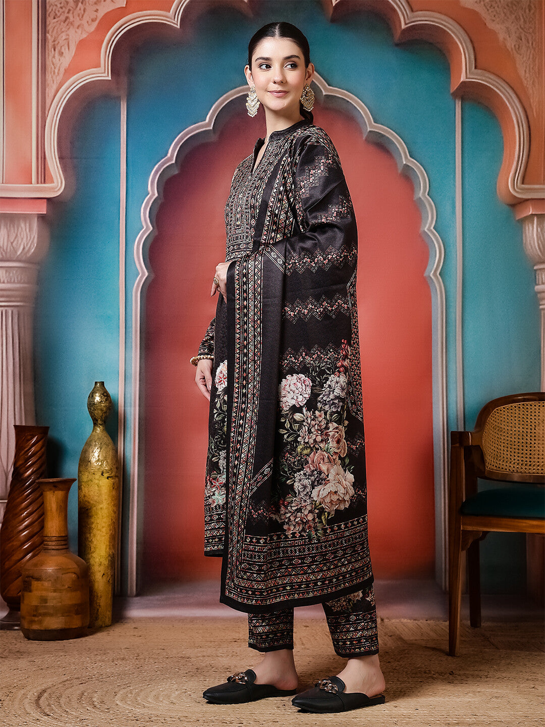 Floral Embroidered Straight Winter Wear Kurta & Trousers Sets