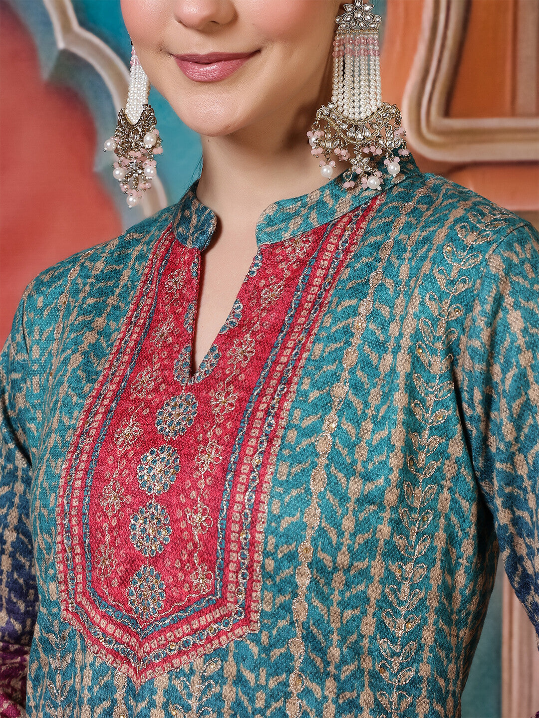 Floral Embroidered Straight Winter Wear Kurta & Trousers Sets