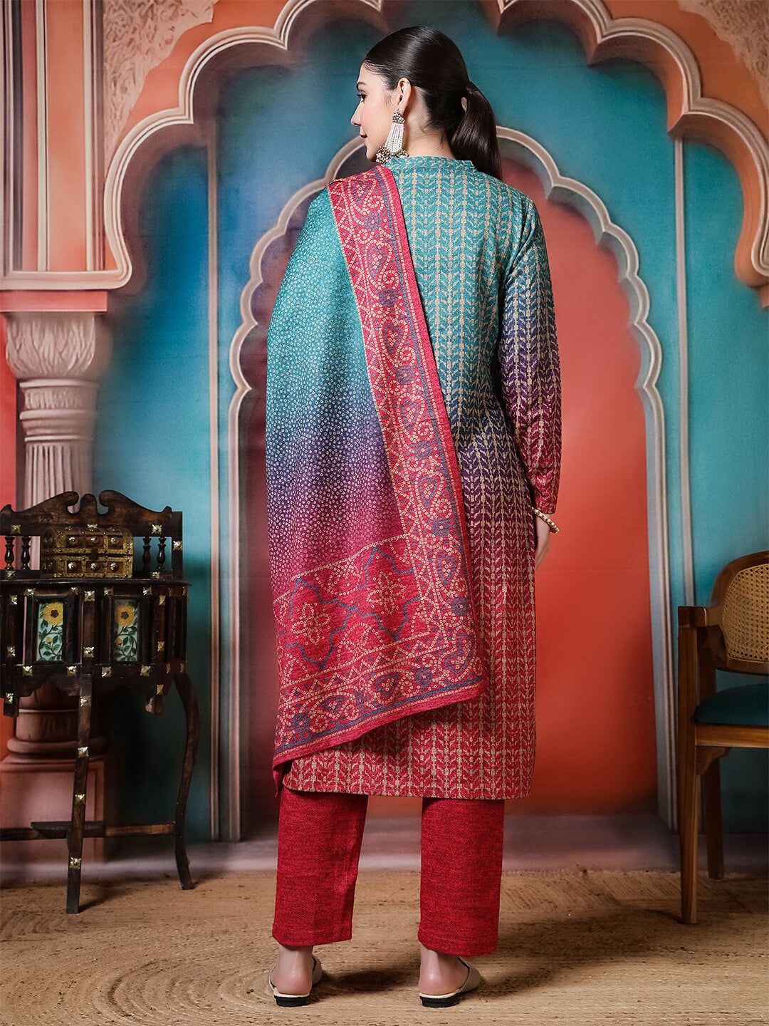 Floral Embroidered Straight Winter Wear Kurta & Trousers Sets