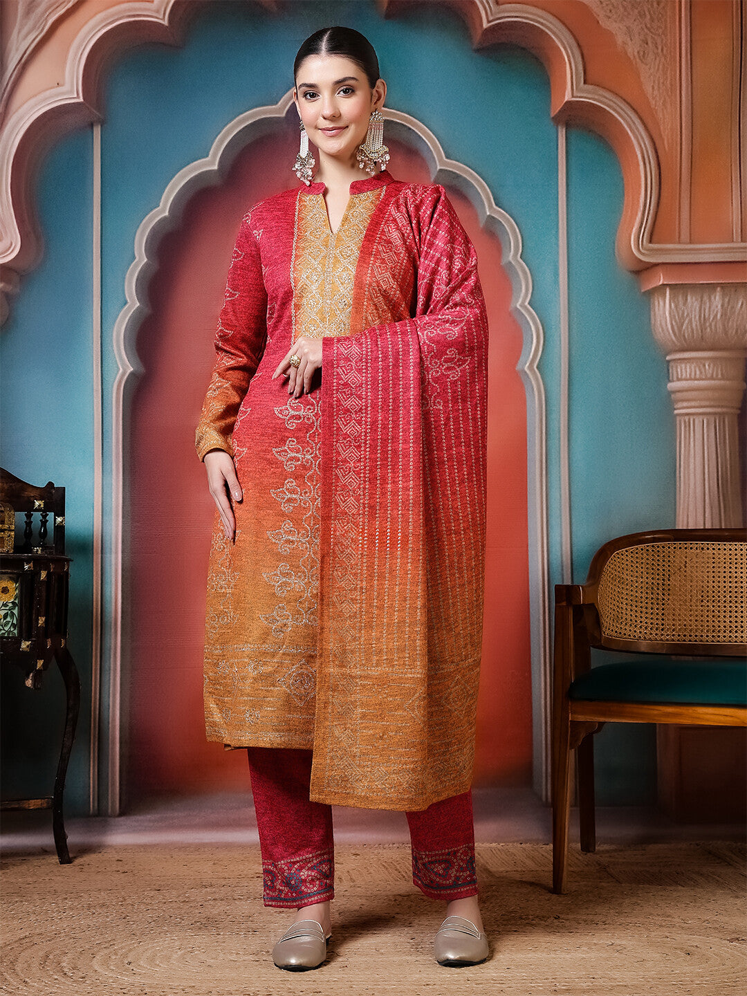 Bandhani Embroidered Straight Winter Wear Kurta & Trousers Sets