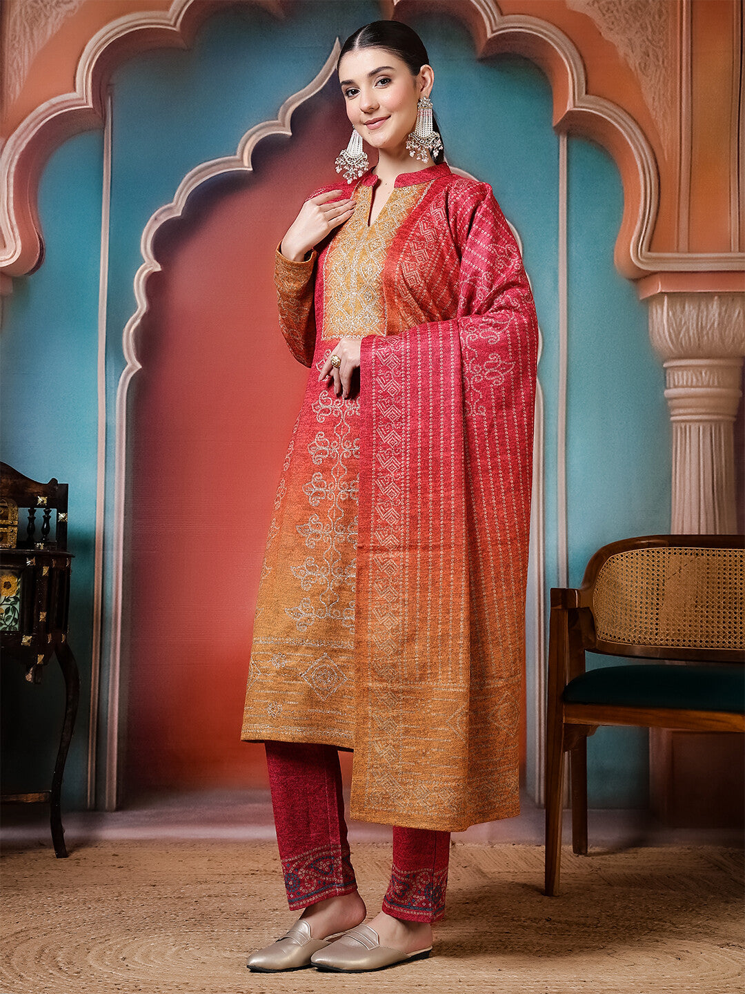 Bandhani Embroidered Straight Winter Wear Kurta & Trousers Sets