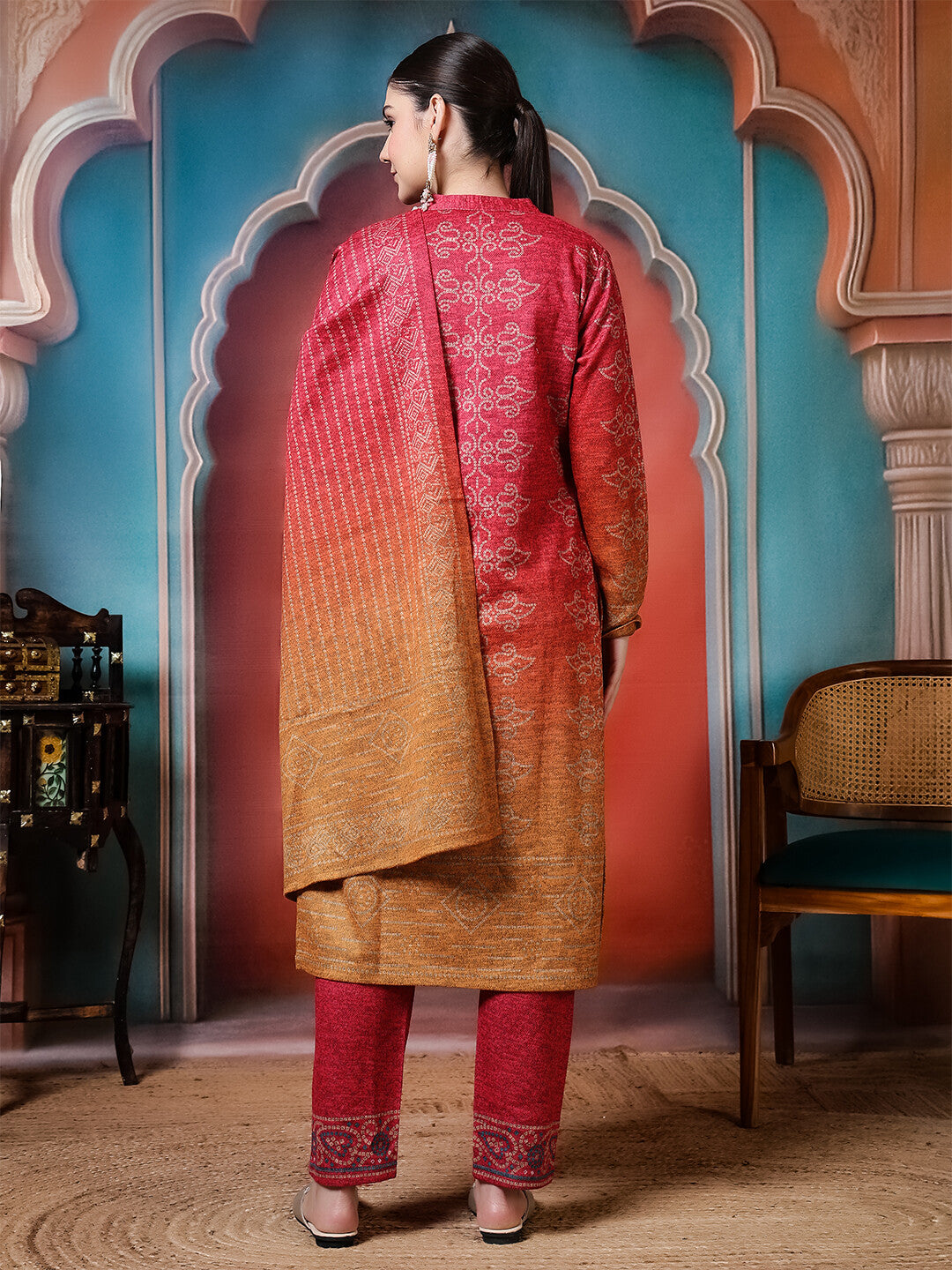 Bandhani Embroidered Straight Winter Wear Kurta & Trousers Sets