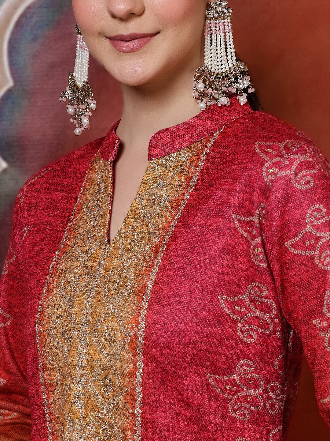 Bandhani Embroidered Straight Winter Wear Kurta & Trousers Sets