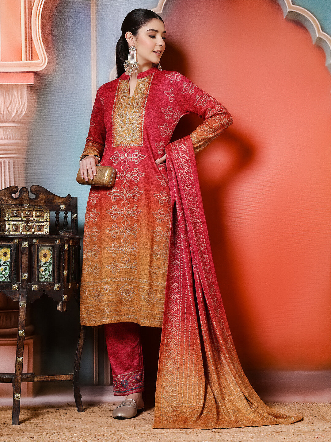 Bandhani Embroidered Straight Winter Wear Kurta & Trousers Sets