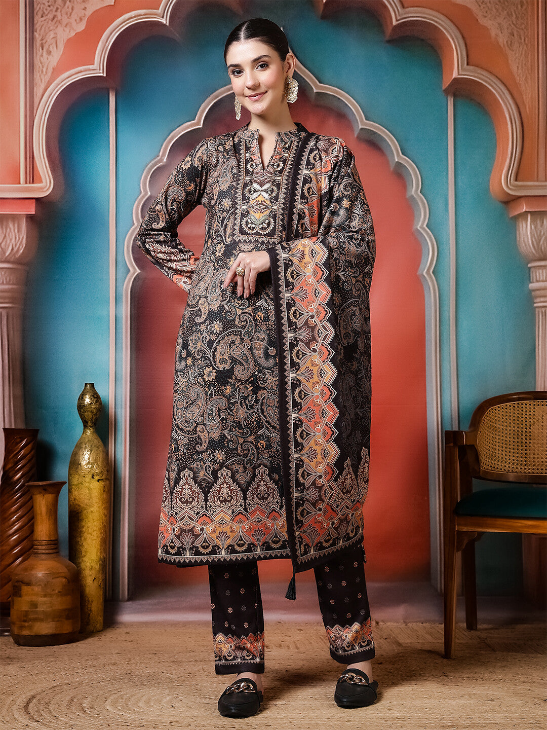 Floral Embroidered Straight Winter Wear Kurta & Trousers Sets