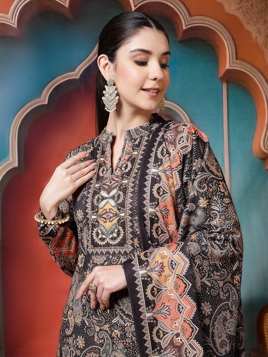 Floral Embroidered Straight Winter Wear Kurta & Trousers Sets