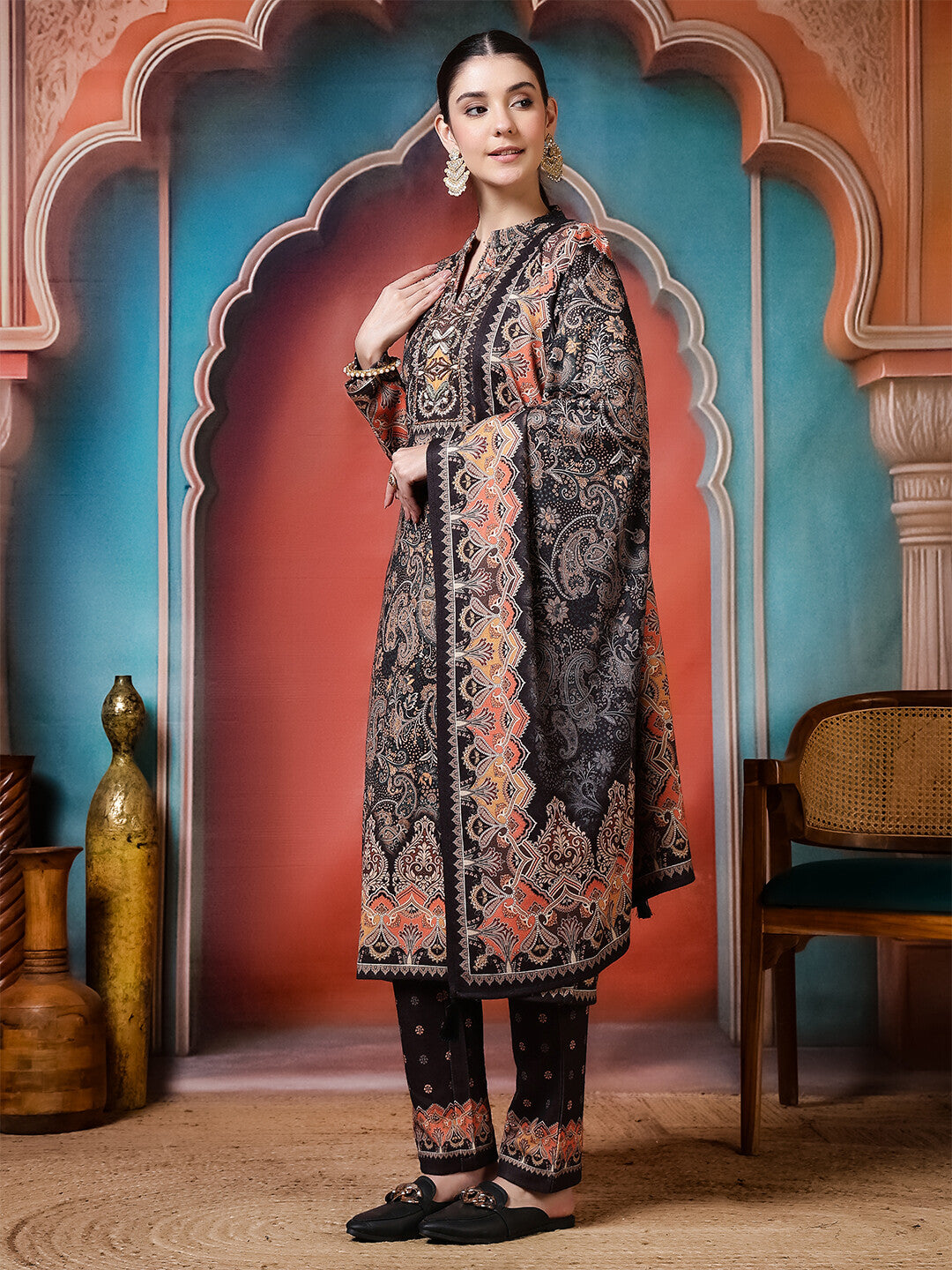 Floral Embroidered Straight Winter Wear Kurta & Trousers Sets