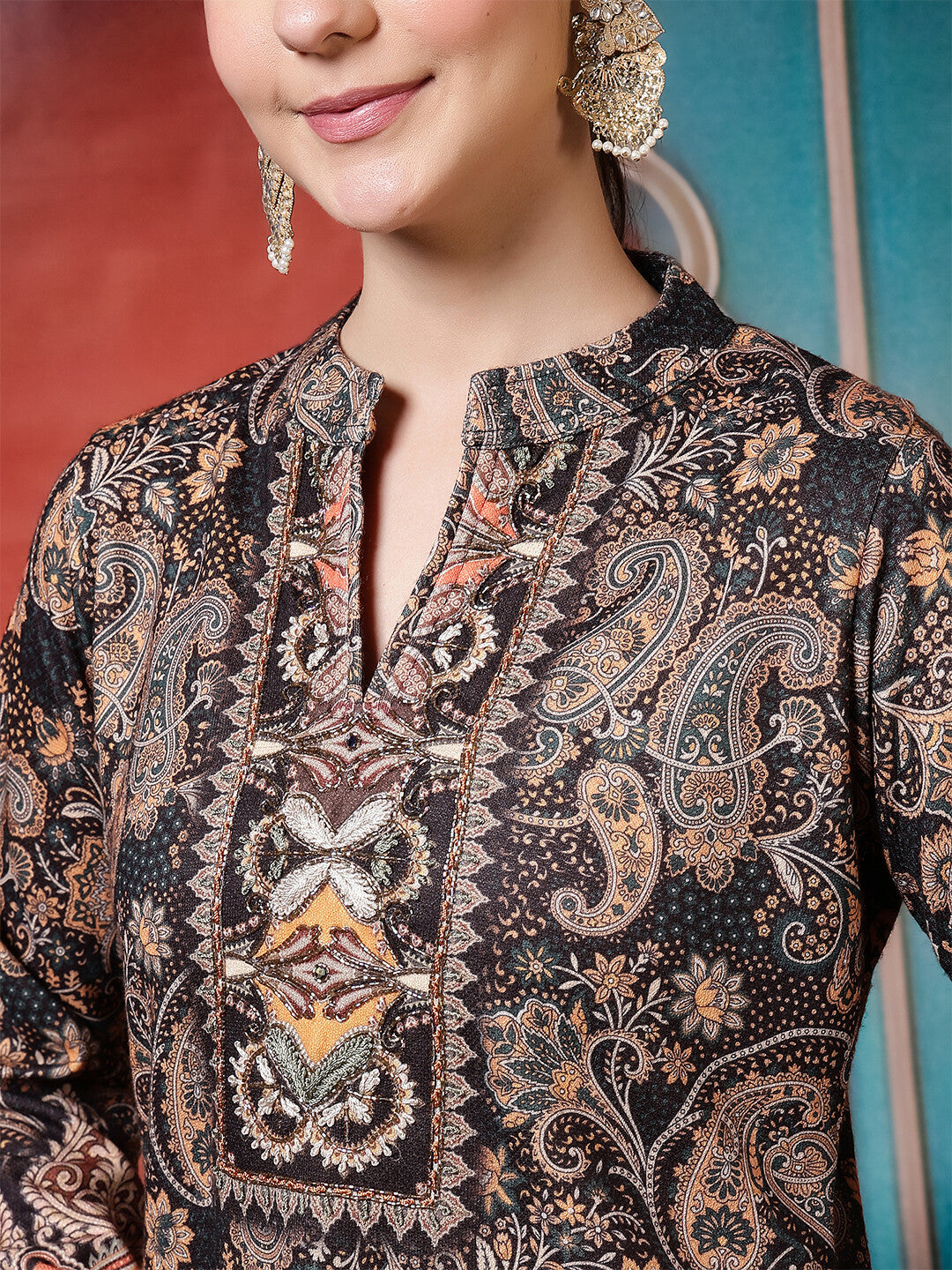 Floral Embroidered Straight Winter Wear Kurta & Trousers Sets