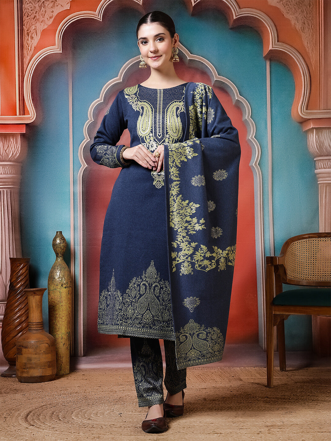 Floral Woven Design Straight Winter Wear Kurta & Trousers Sets