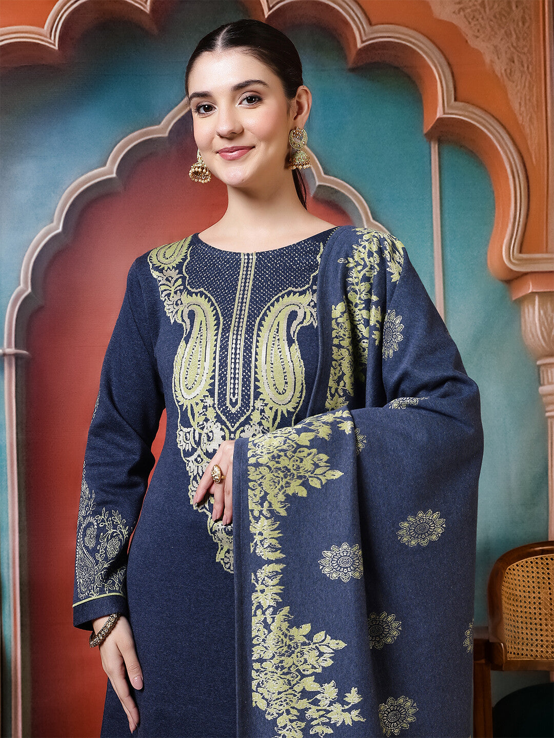 Floral Woven Design Straight Winter Wear Kurta & Trousers Sets