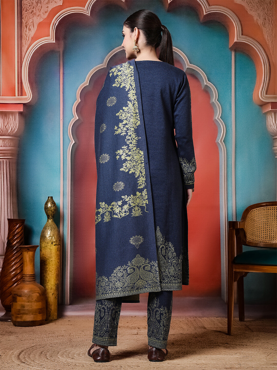 Floral Woven Design Straight Winter Wear Kurta & Trousers Sets