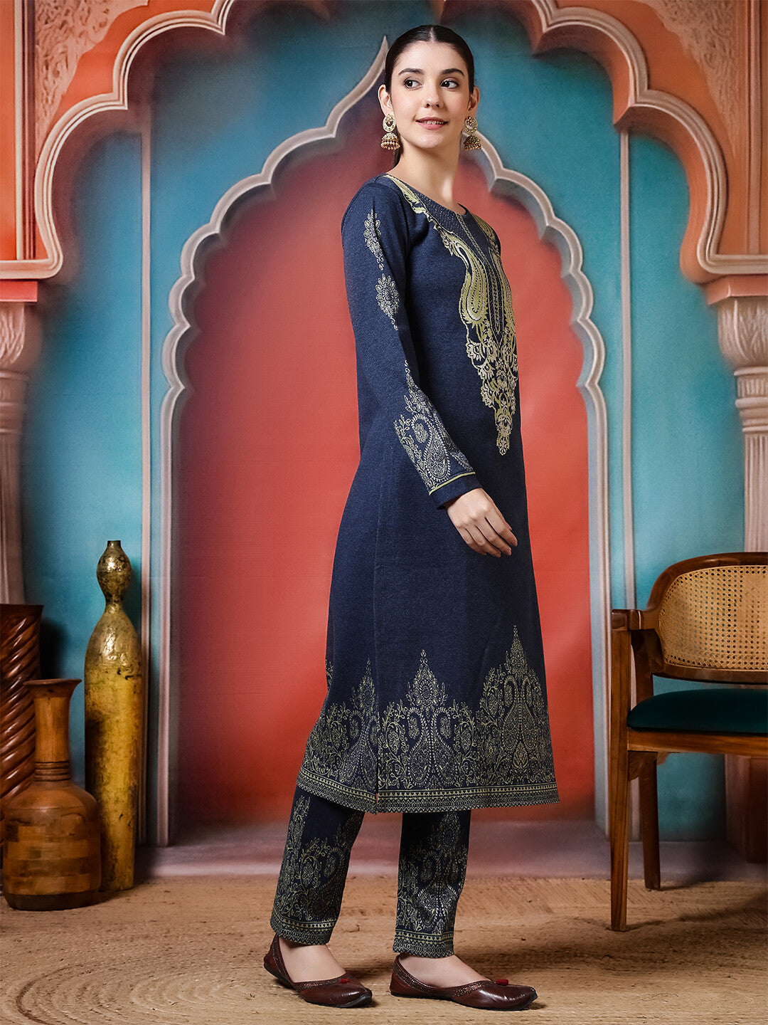Floral Woven Design Straight Winter Wear Kurta & Trousers Sets