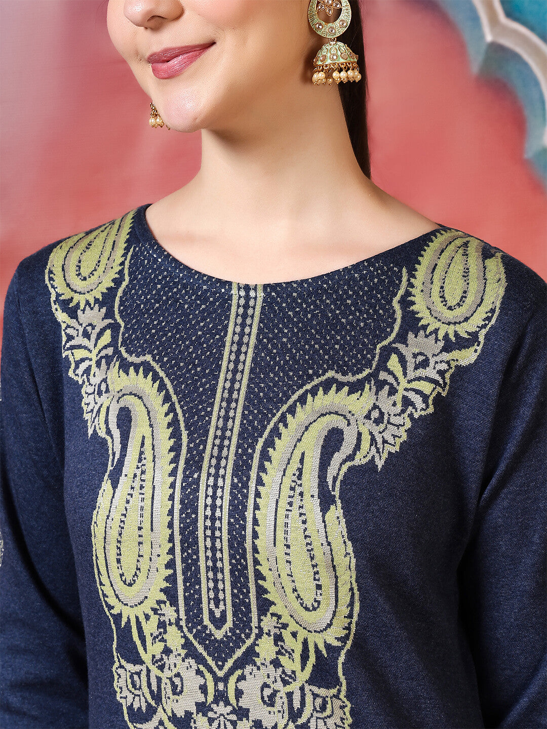 Floral Woven Design Straight Winter Wear Kurta & Trousers Sets