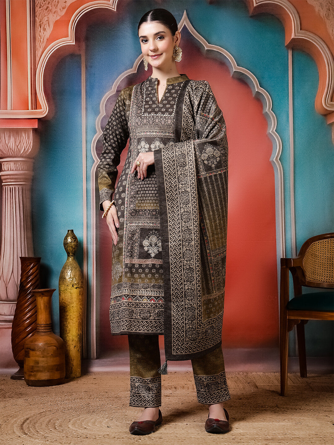 Floral Embroidered Straight Winter Wear Kurta & Trousers Sets